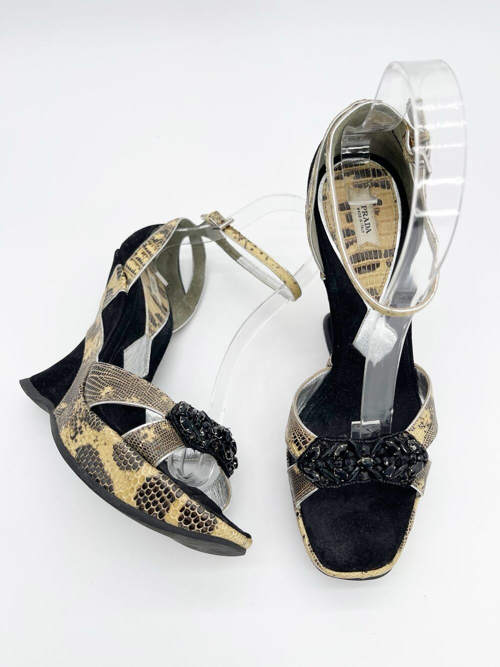 Prada Retro Y2K Black Suede Reptile Embossed Crystal Platform Wedges IT 37.5